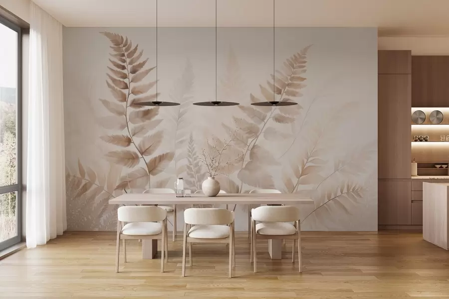 Fototapetai Tekstūruoti džiovinti paparčių lapai įvairių rudų atspalvių, su švelniu, šviesiu fonu akvarelės stiliumi. w09615