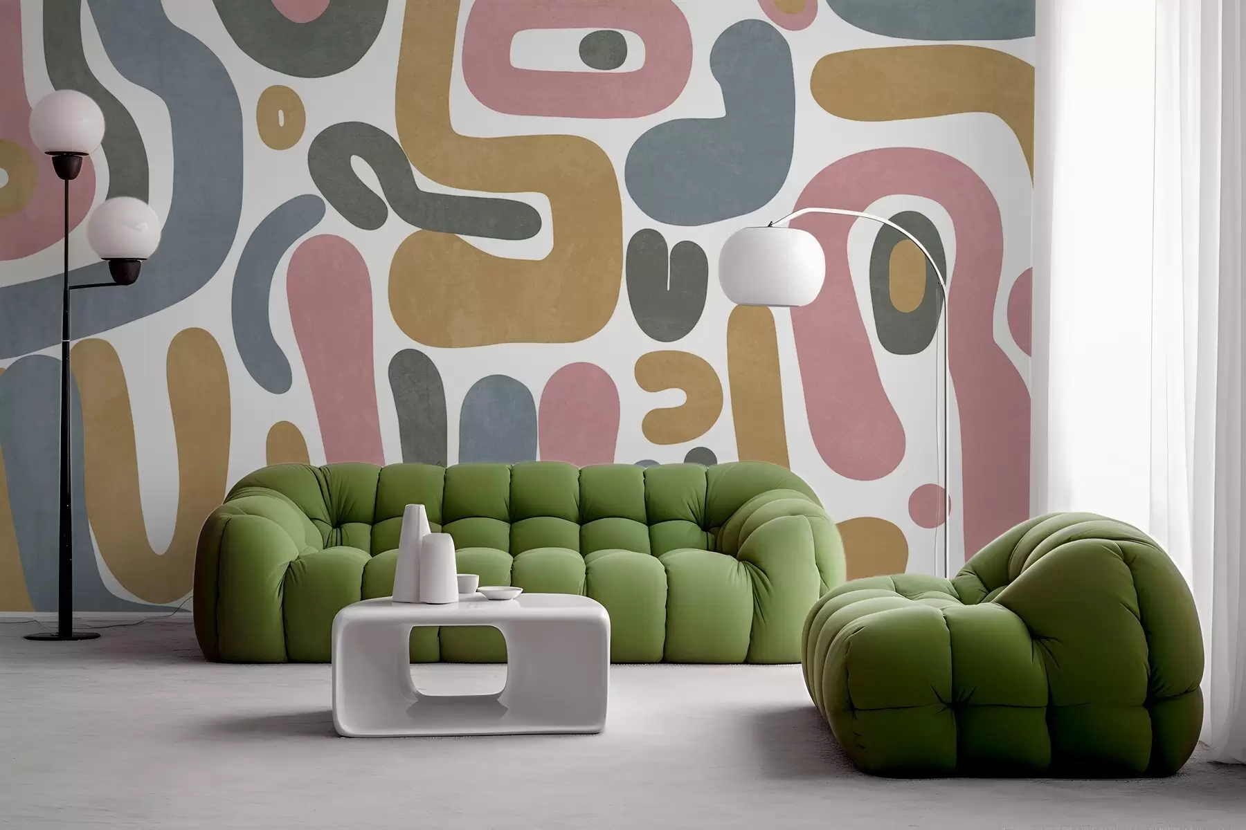 Fototapetai Abstrakčios tekstūruotos formos pastelinės rožinės, prislopintos mėlynos, garstyčių geltonos ir pilkos spalvos ant balto fono modernus menas w09620