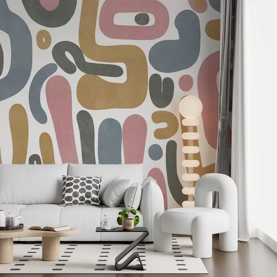 Fototapetai Abstrakčios tekstūruotos formos pastelinės rožinės, prislopintos mėlynos, garstyčių geltonos ir pilkos spalvos ant balto fono modernus menas w09620