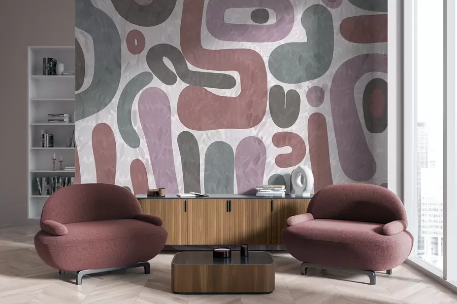 Fototapetai Abstrakčios tekstūruotos formos prislopintų rožinių, žalių ir pilkų atspalvių, ant tekstūruoto fono, šiuolaikinis menas w09622