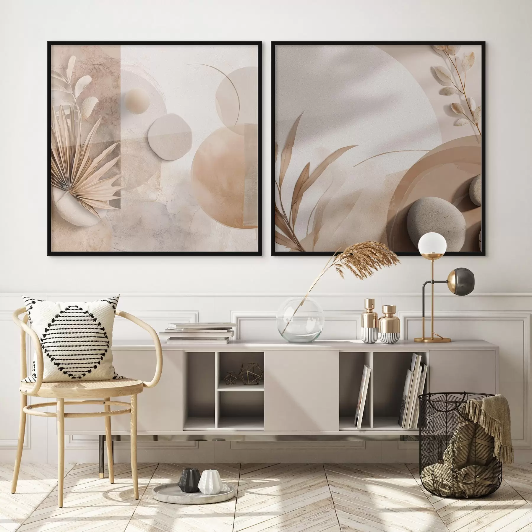 Fototapetai Dvi drobės su išdžiovintais lapais ir tekstūrinėmis formomis d00893