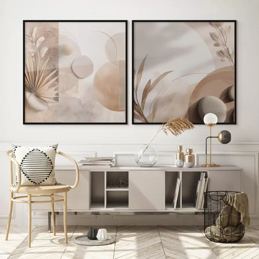 Fototapetai Dvi drobės su išdžiovintais lapais ir tekstūrinėmis formomis d00893