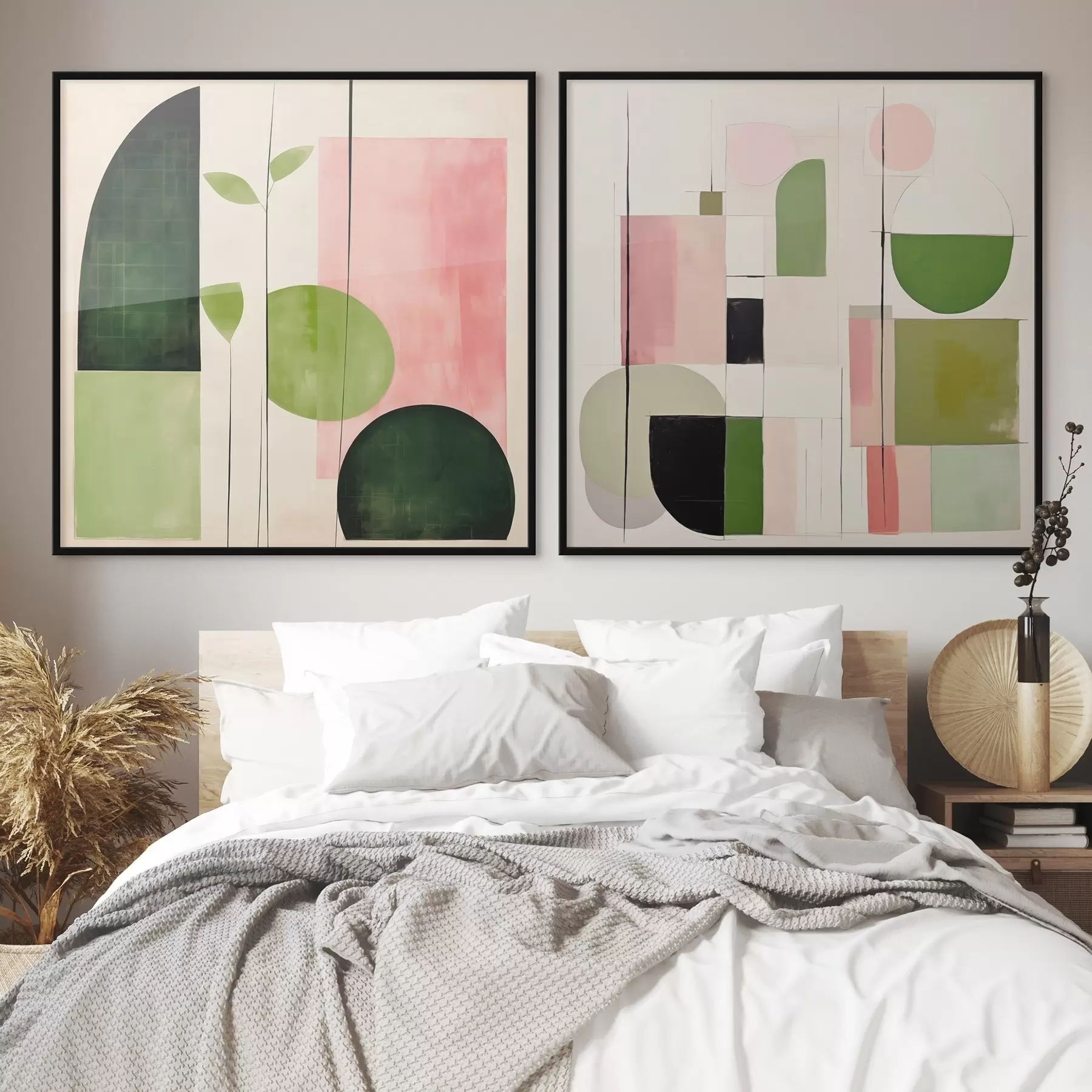 Fototapetai Minimalistinis diptikas su stilizuota flora ir geometrija d00894