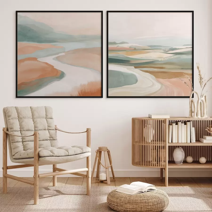 Fototapetai Abstrakčios kalvos ir upė pastelinių spalvų paletėje d00896