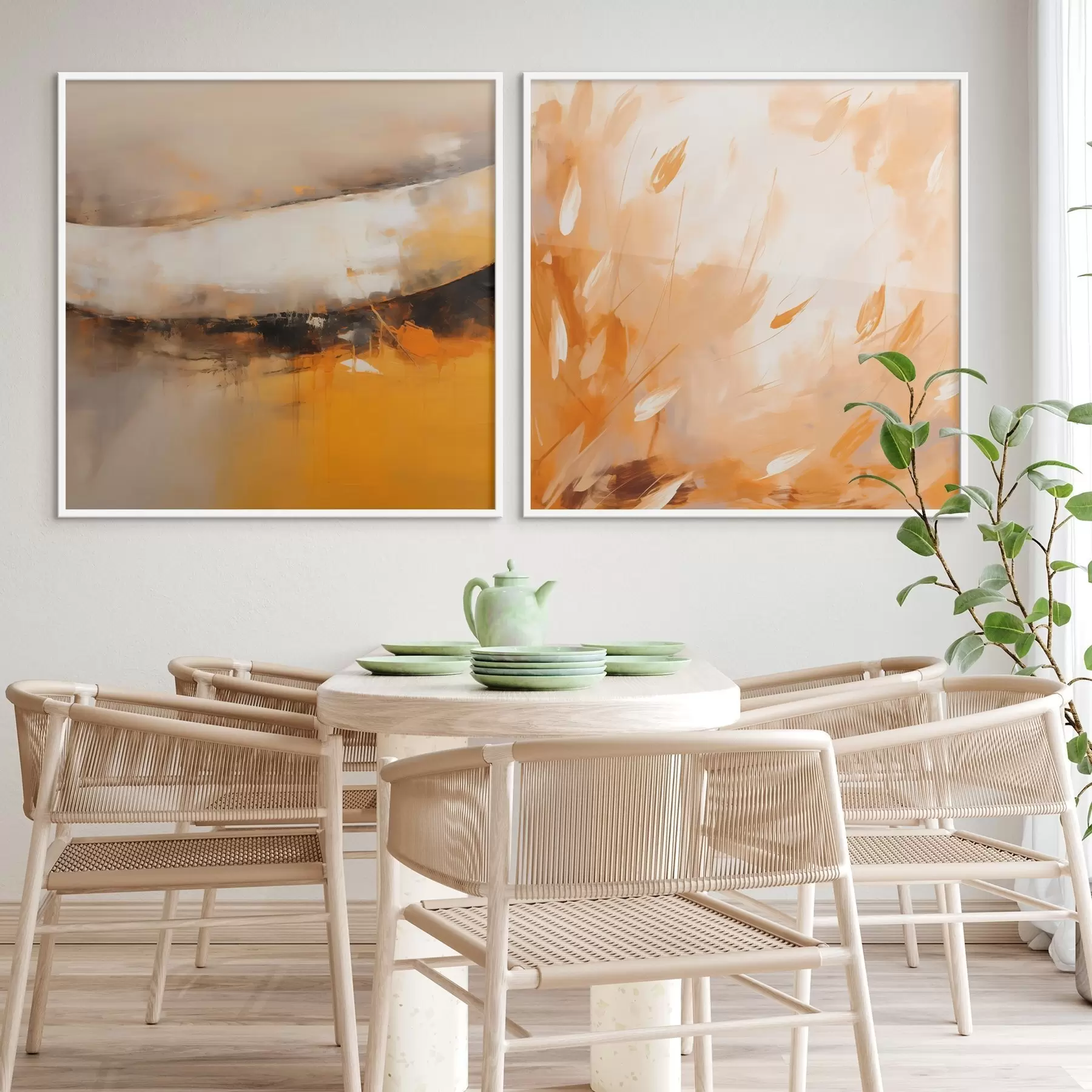 Fototapetai Abstraktus diptikas aliejaus stiliumi su geltonai oranžiniais ir juodais atspalviais d00897