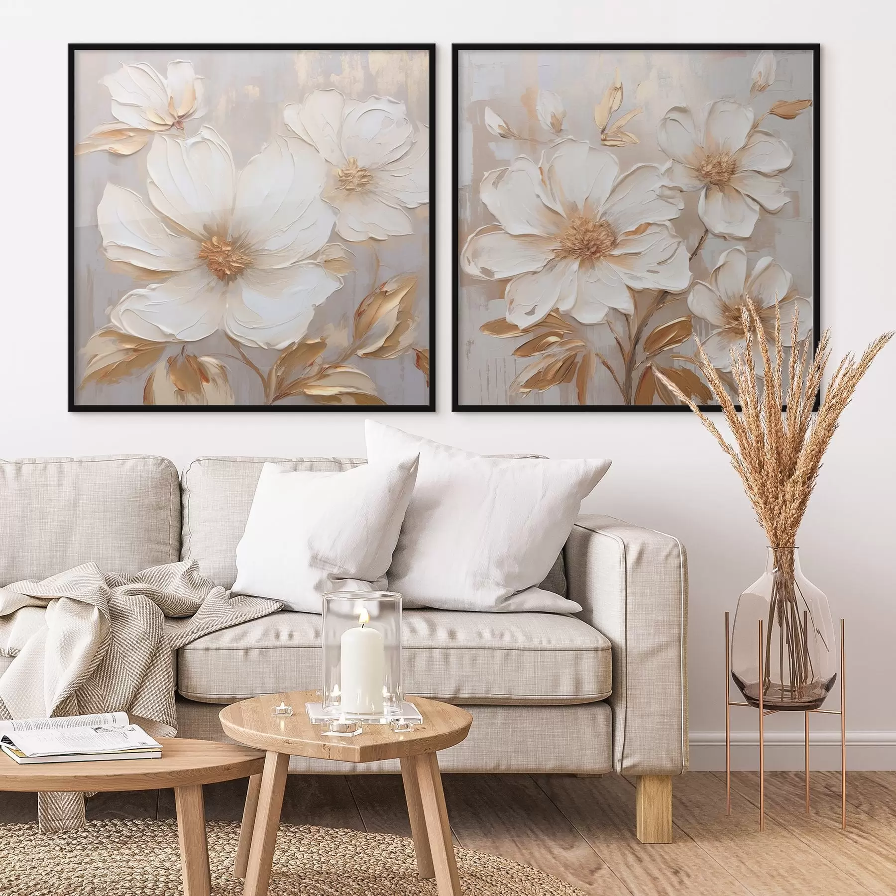 Fototapetai Diptikas su dideliais gėlių motyvais šiltų šviesių spalvų d00927