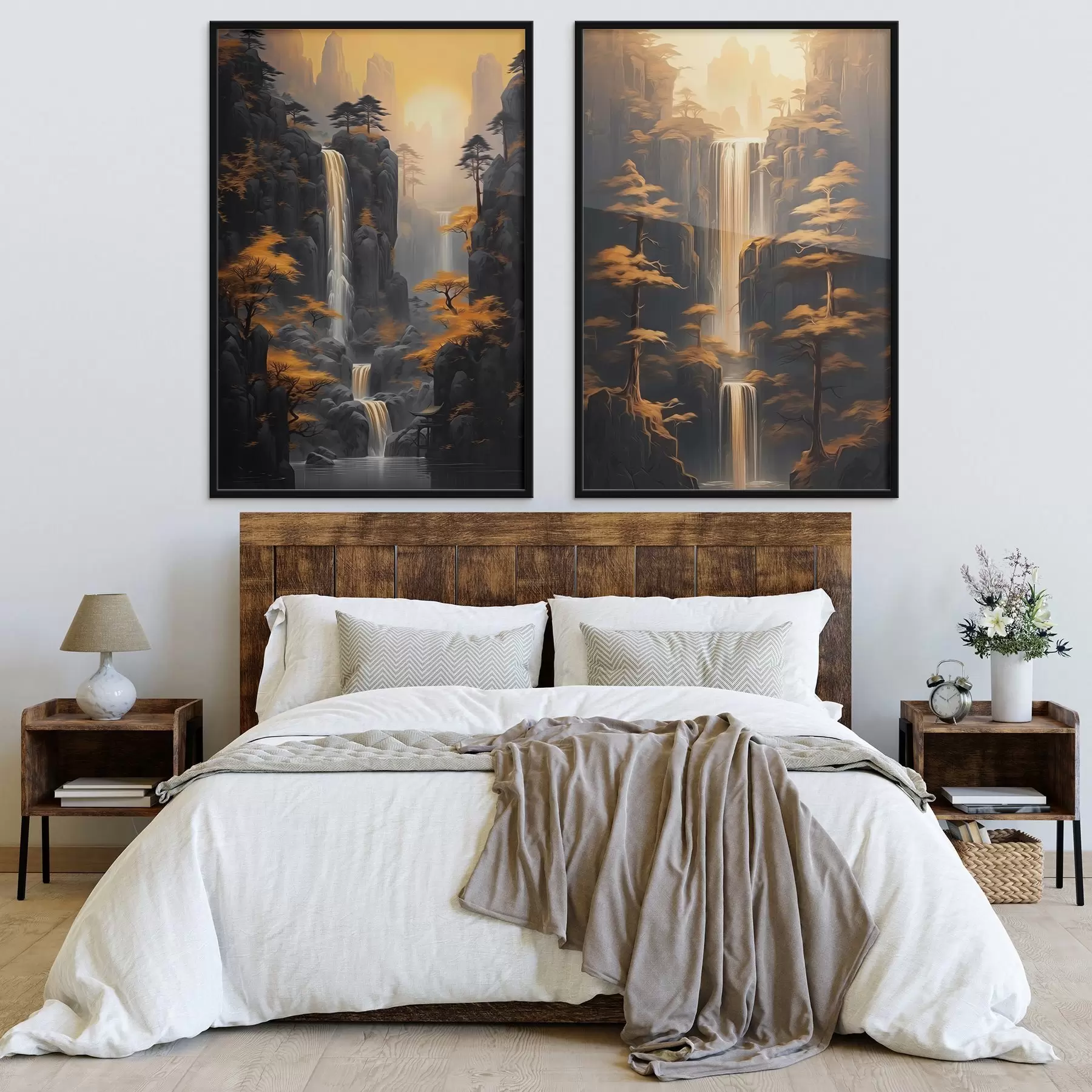 Fototapetai Peizažas su kriokliu ir kalnais auksinėje šviesoje d00928