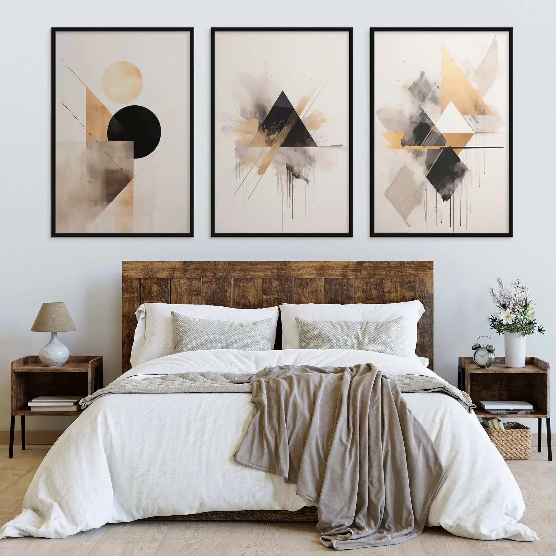 Fototapetai Geometriniai trikampiai su rašalo purslais, juodos ir ochros spalvos d00963