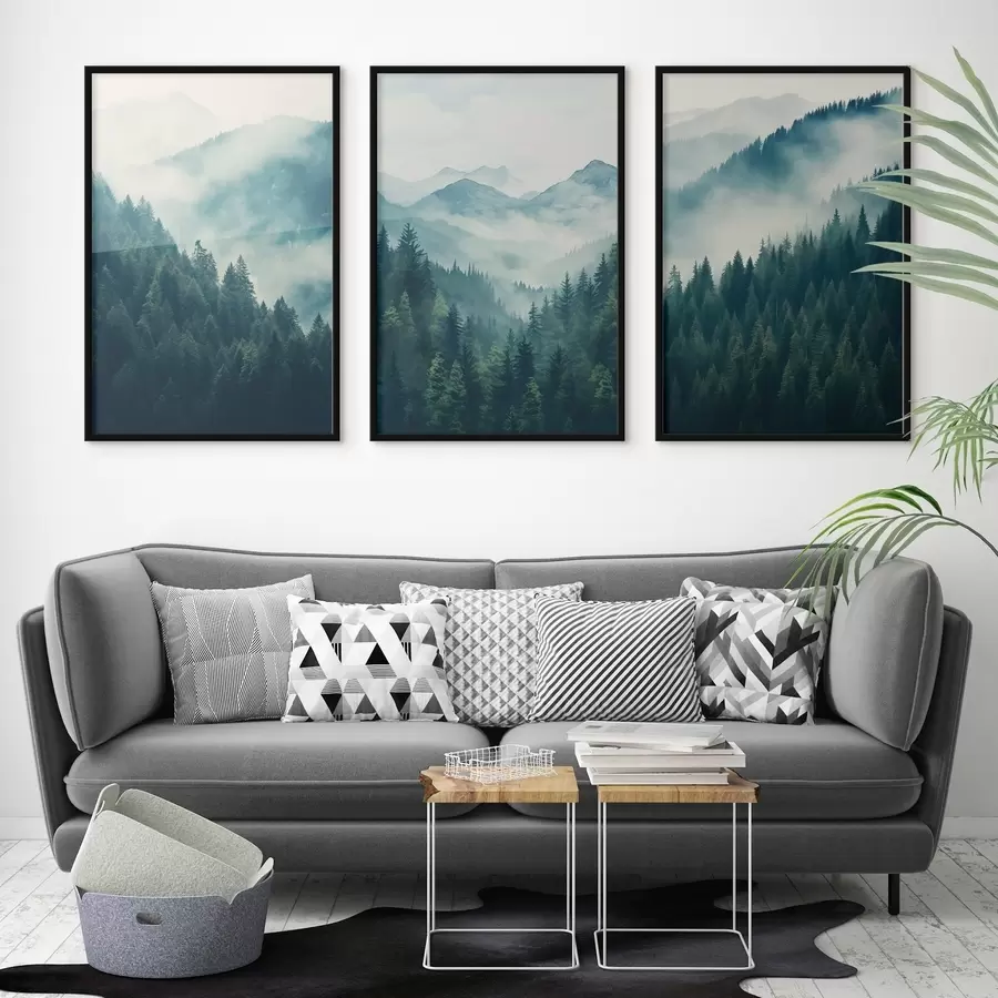 Fototapetai Rūko apgaubtos pušų kalvos, padengtos švelniais žaliais ir mėlynais atspalviais d00964