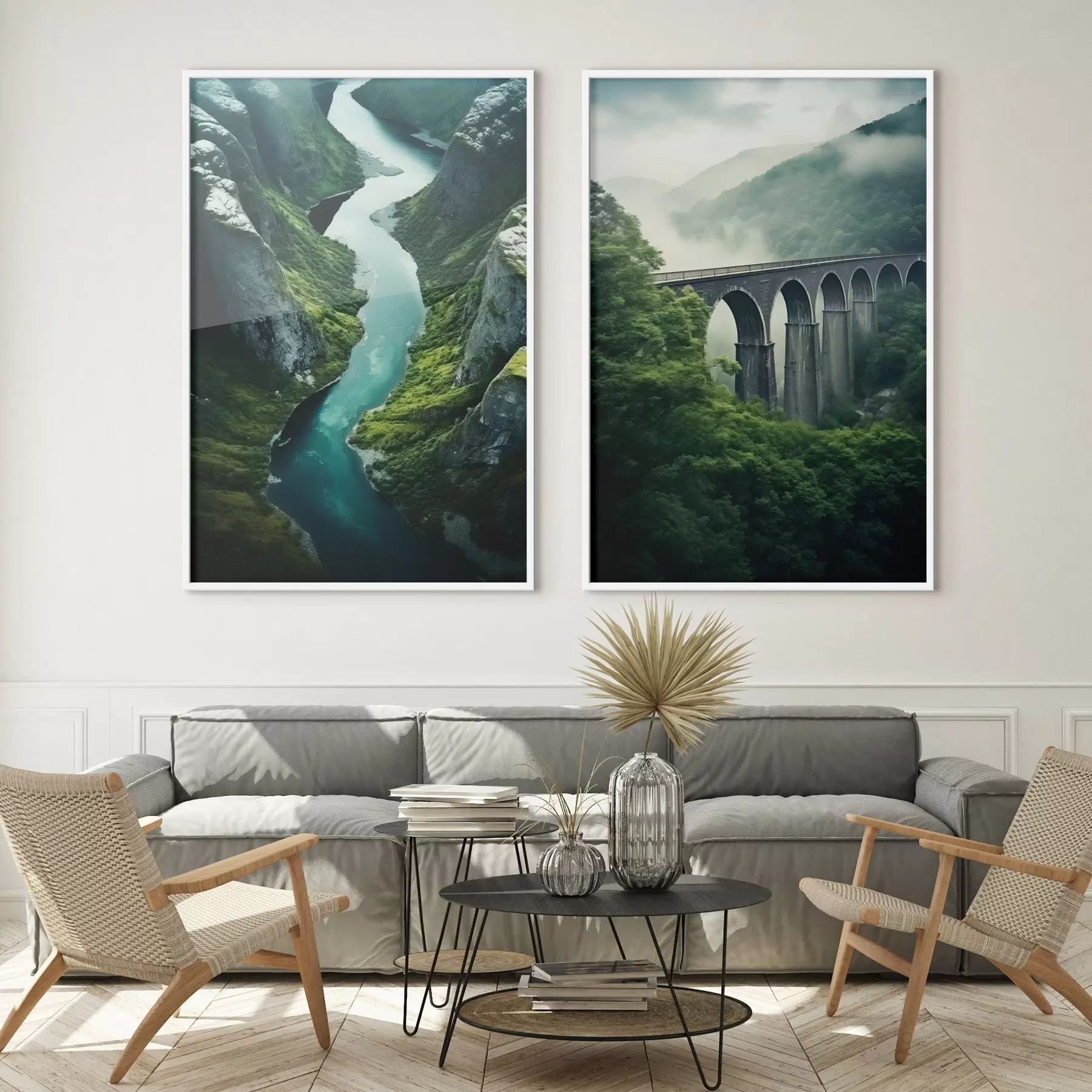 Fototapetai Oro upės kanjonas ir rūko apgaubtas viadukas žaliuose kalnuose d00967