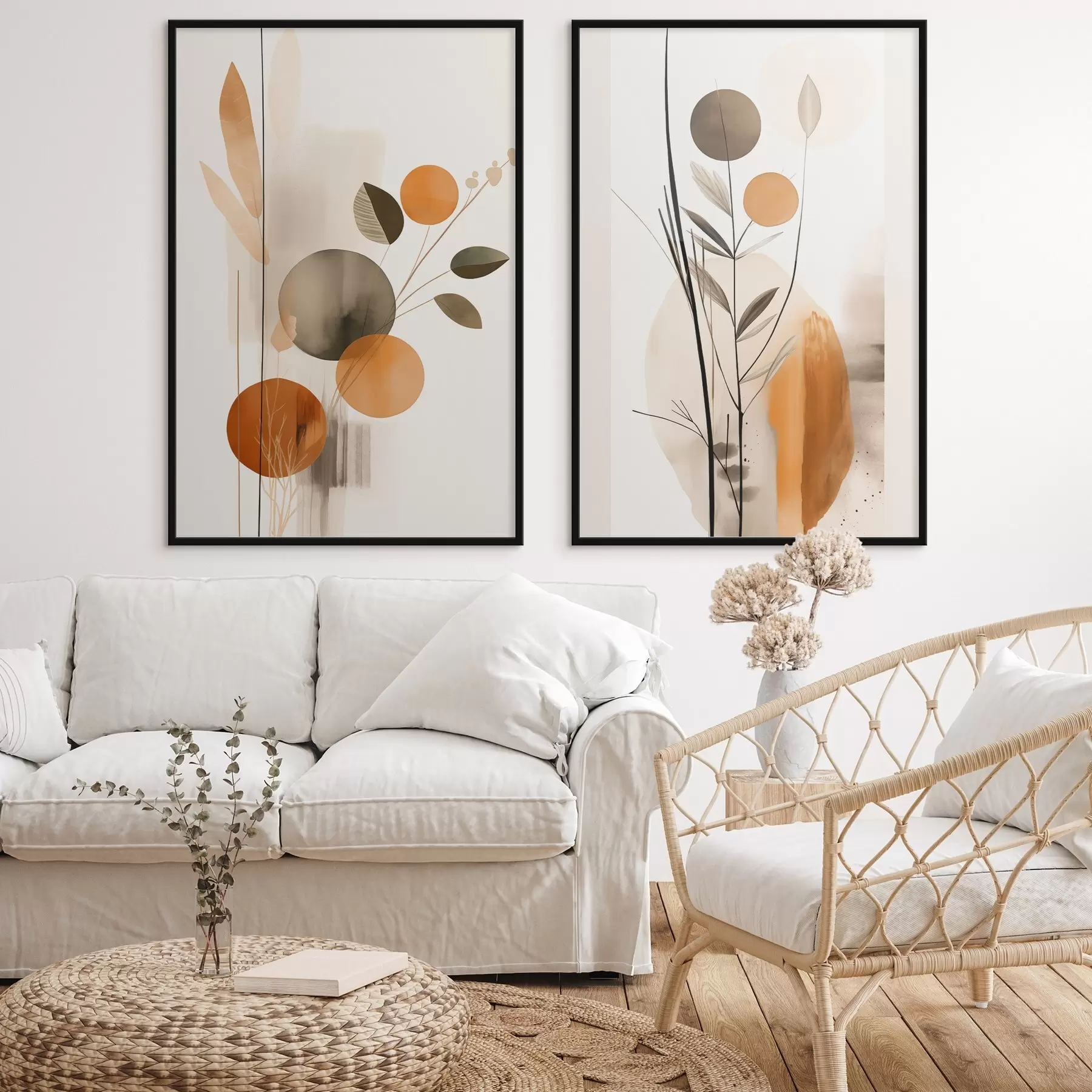 Fototapetai Abstraktaus tapybos imitacija su oranžiniais ir pilkais apskritimais, lapais ir šakomis, modernus stilius, akvarelės efektas d01009