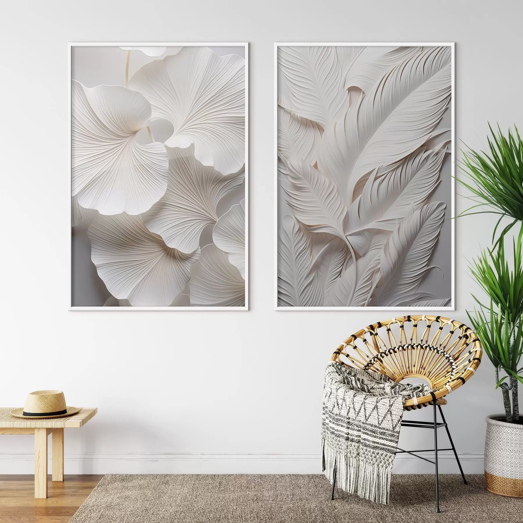 Fototapetai Balta ginkgo lapai ir ilgi lapai su sudėtingais detalėmis, sukuriančiais tekstūrą ir sluoksniuotą efektą, minimalistinis menas d01013