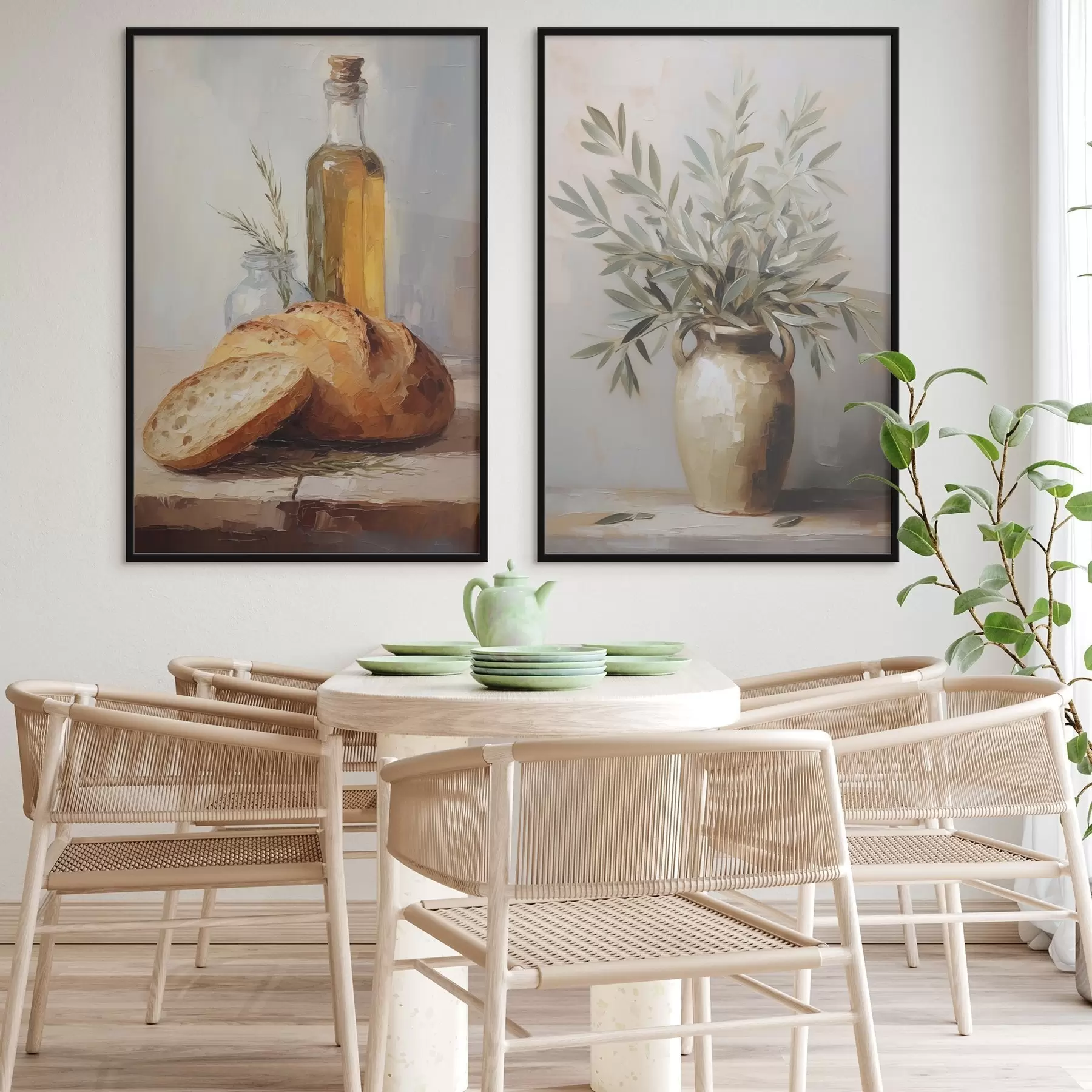 Fototapetai Alyvų šakos vazoje, duona ir aliejaus butelis, imitacijos tapyba d01035