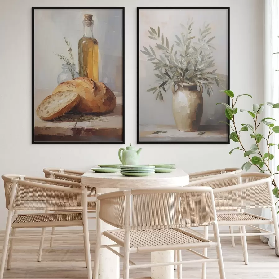 Fototapetai Alyvų šakos vazoje, duona ir aliejaus butelis, imitacijos tapyba d01035