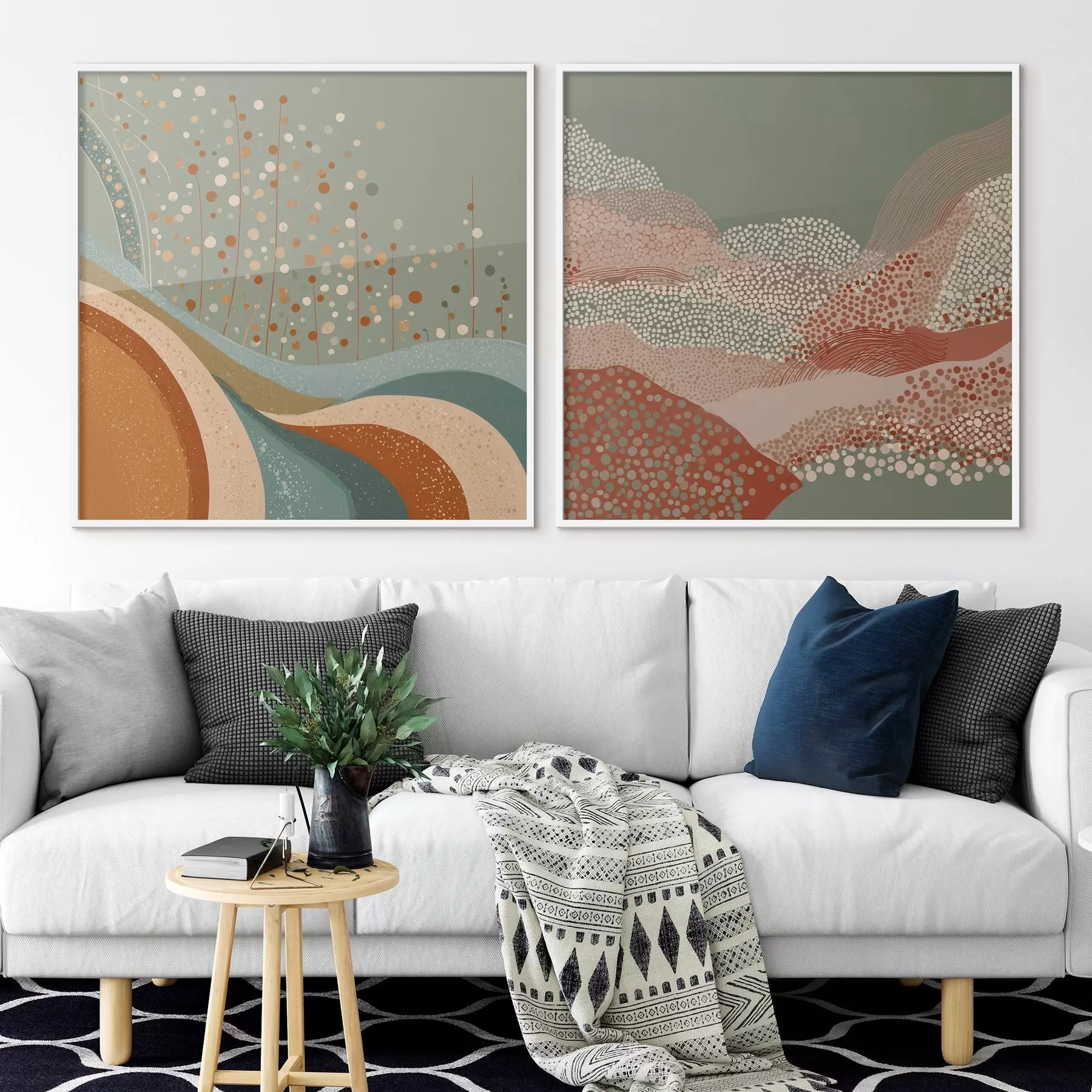 Fototapetai Dviejų dalių abstraktus peizažas su taškiniais ir banguotais elementais d00987