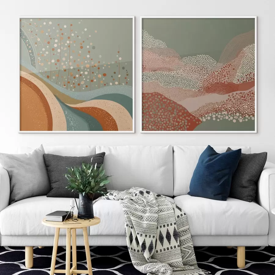 Fototapetai Dviejų dalių abstraktus peizažas su taškiniais ir banguotais elementais d00987