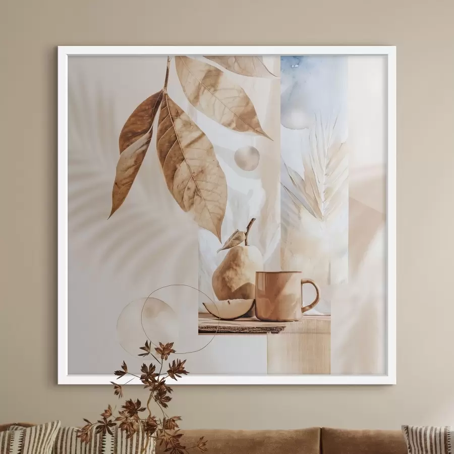 Fototapetai Abstraktus su lapais, kriauše ir puodeliu f47047