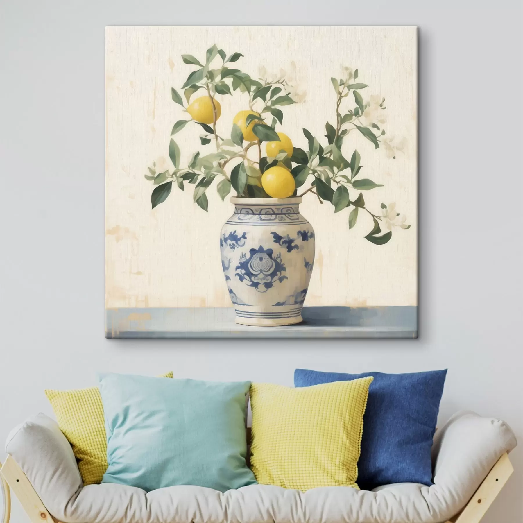 Paveikslėlis Citrinos mėlynos ir baltos keramikos vazoje, tapybos stiliaus s46924