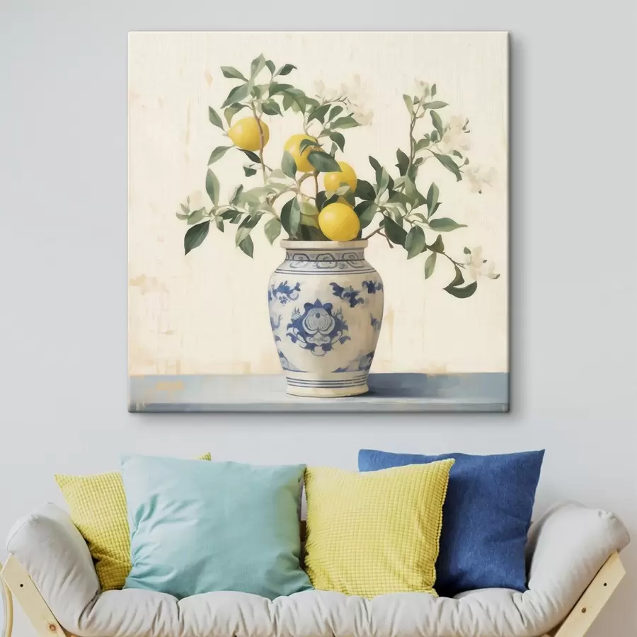 Paveikslėlis Citrinos mėlynos ir baltos keramikos vazoje, tapybos stiliaus s46924