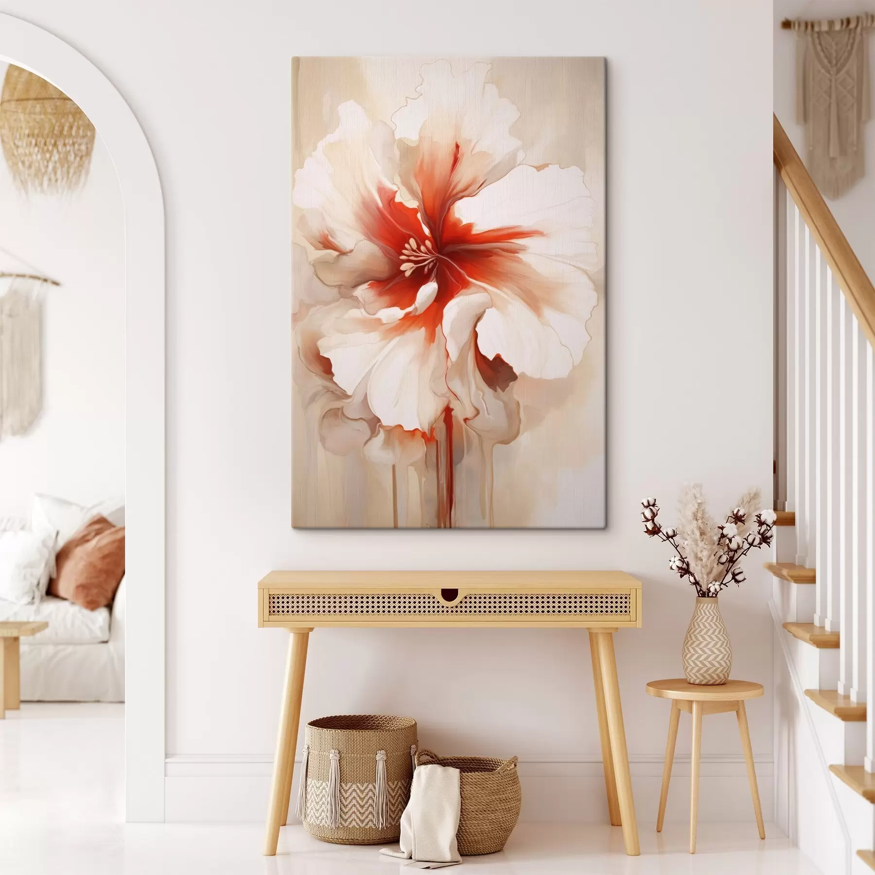 Paveikslėlis Artimas baltos ir raudonos gėlės su pusiau permatomais žiedlapiais ir tekančiais dažų lašais vaizdas s46941