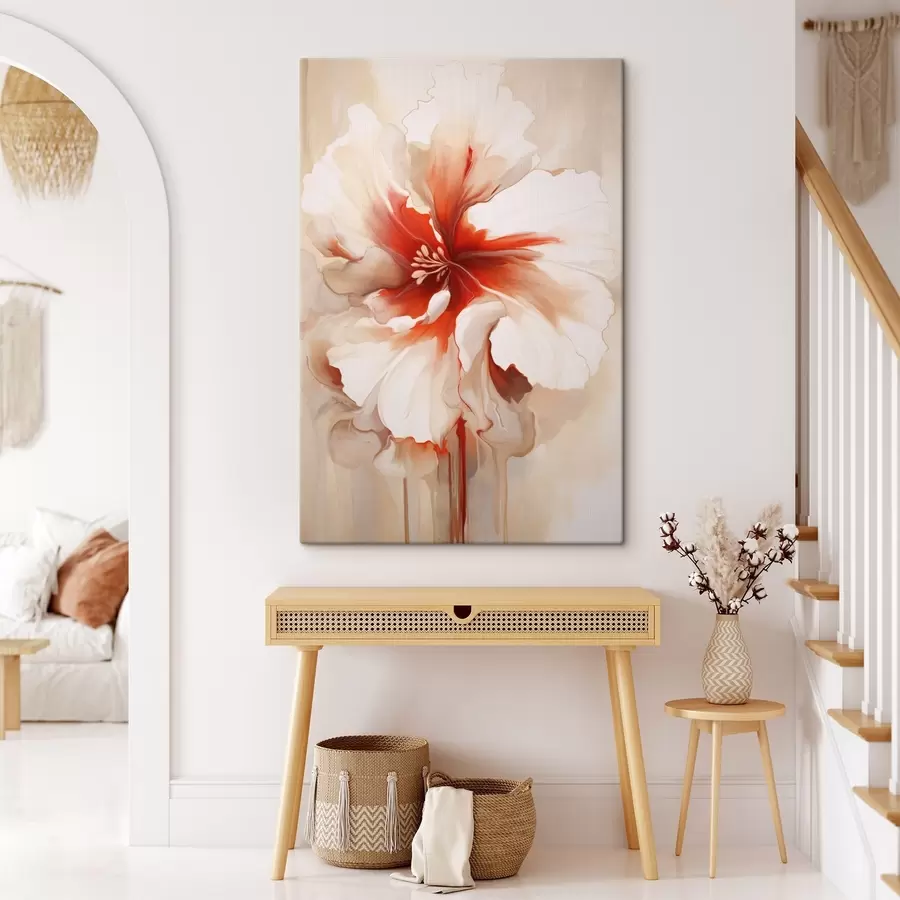 Paveikslėlis Artimas baltos ir raudonos gėlės su pusiau permatomais žiedlapiais ir tekančiais dažų lašais vaizdas s46941