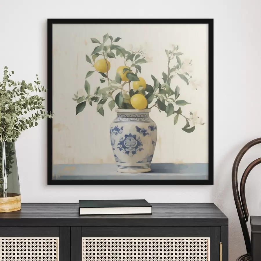 Fototapetai Citrinos mėlynos ir baltos keramikos vazoje, tapybos stiliaus f46924