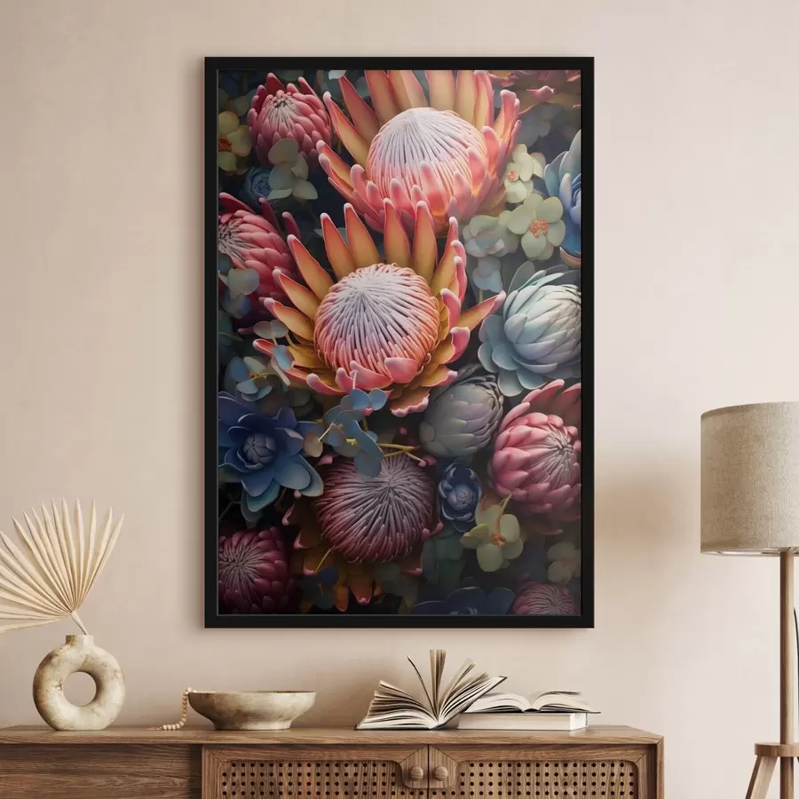 Fototapetai Proteas, eukaliptų ir sukulentų kompozicija fotorealistiniu skaitmeninio meno stiliumi f46925