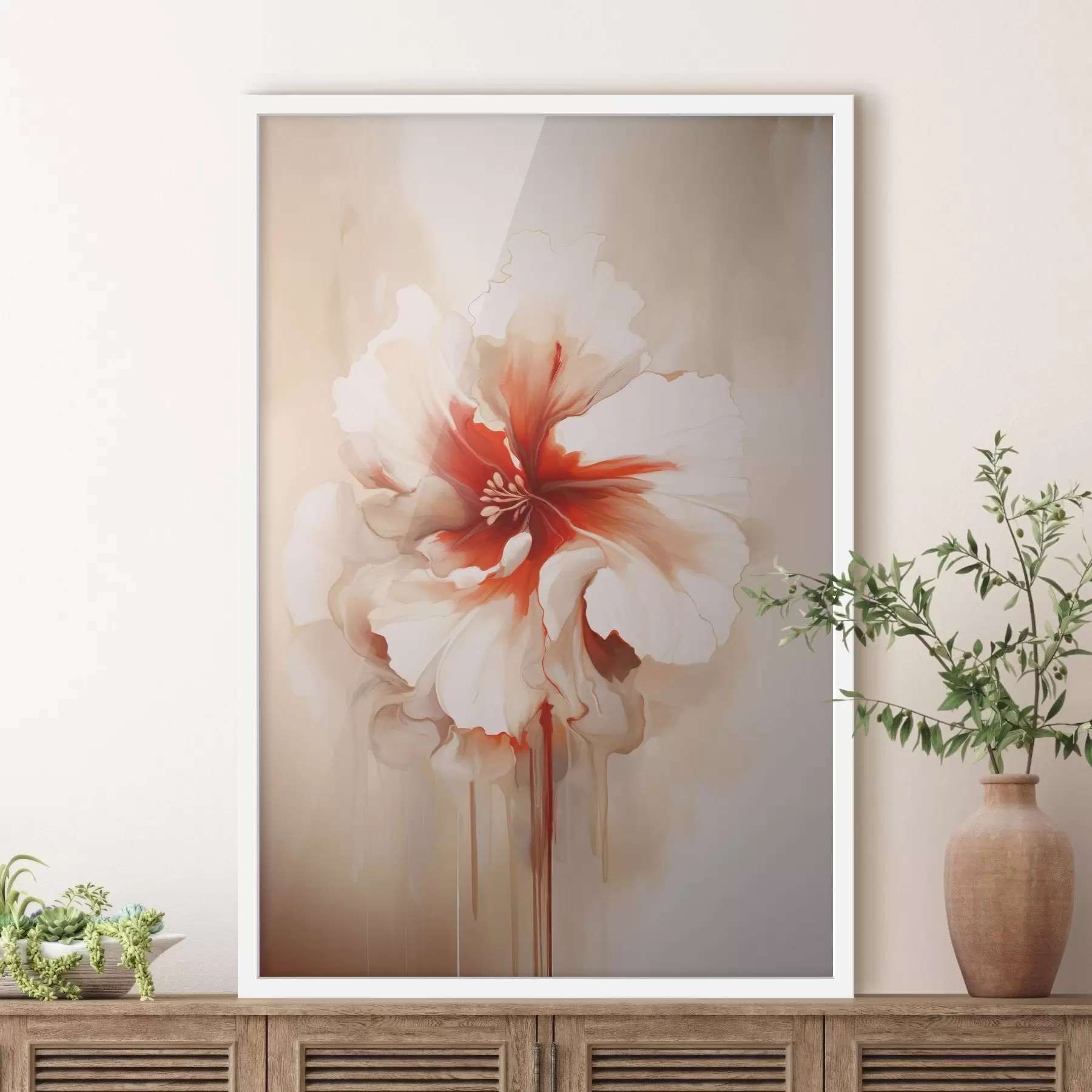 Fototapetai Balta ir raudona gėlė su pusiau permatomais žiedlapiais ir tekančiais dažų lašais f46940