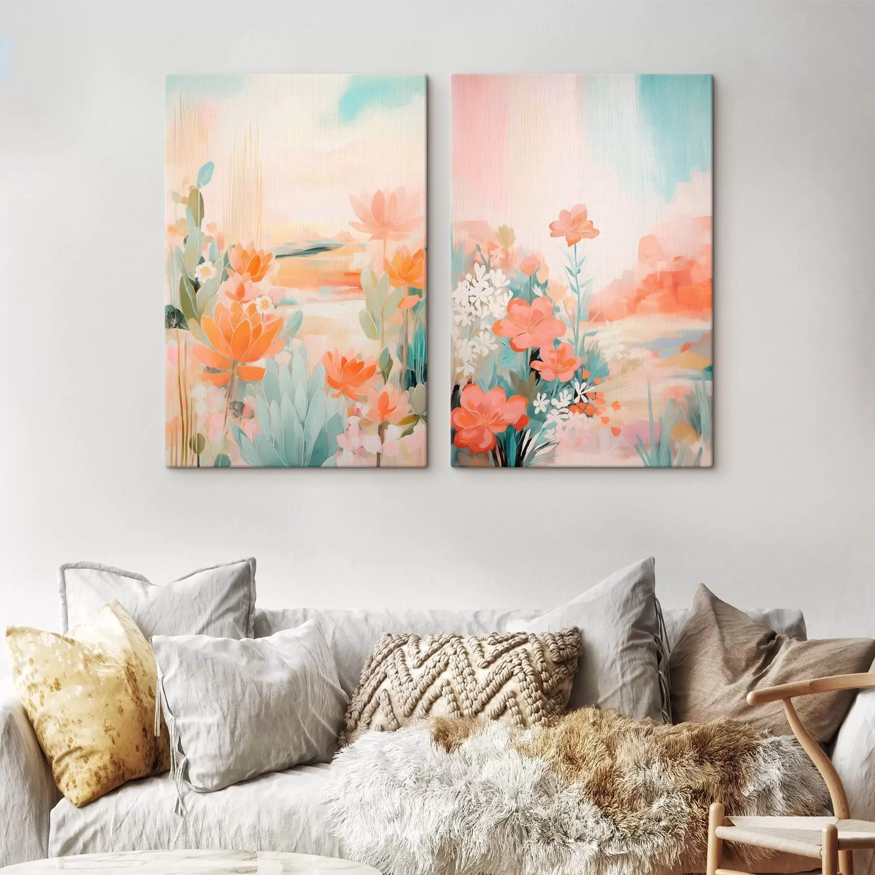 Paveikslėlis Gėlių motyvai pastelinėmis spalvomis prieš šviesios rūko apgaubtos slėnio fone m01085