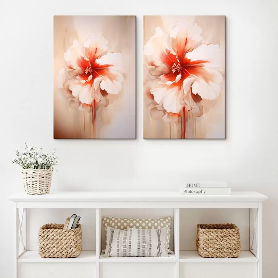 Paveikslėlis Baltai koraliniai žiedlapiai ant abstraktaus fono, rami kompozicija m01089