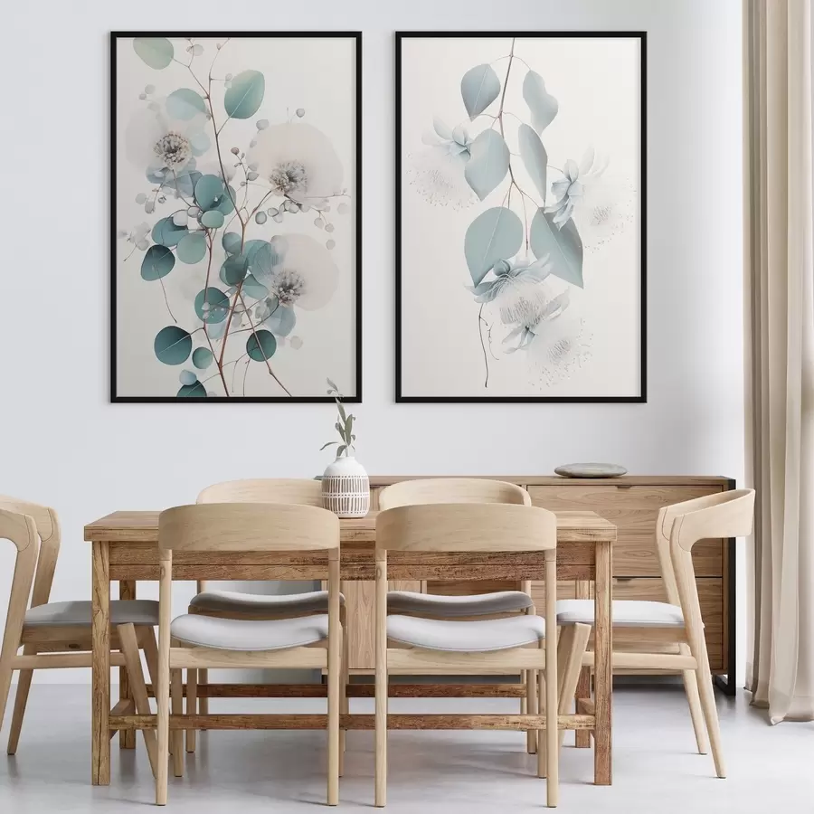 Fototapetai Eukalipto šaka su mėlynais lapais ir baltais žiedais, šviesus fonas d00829