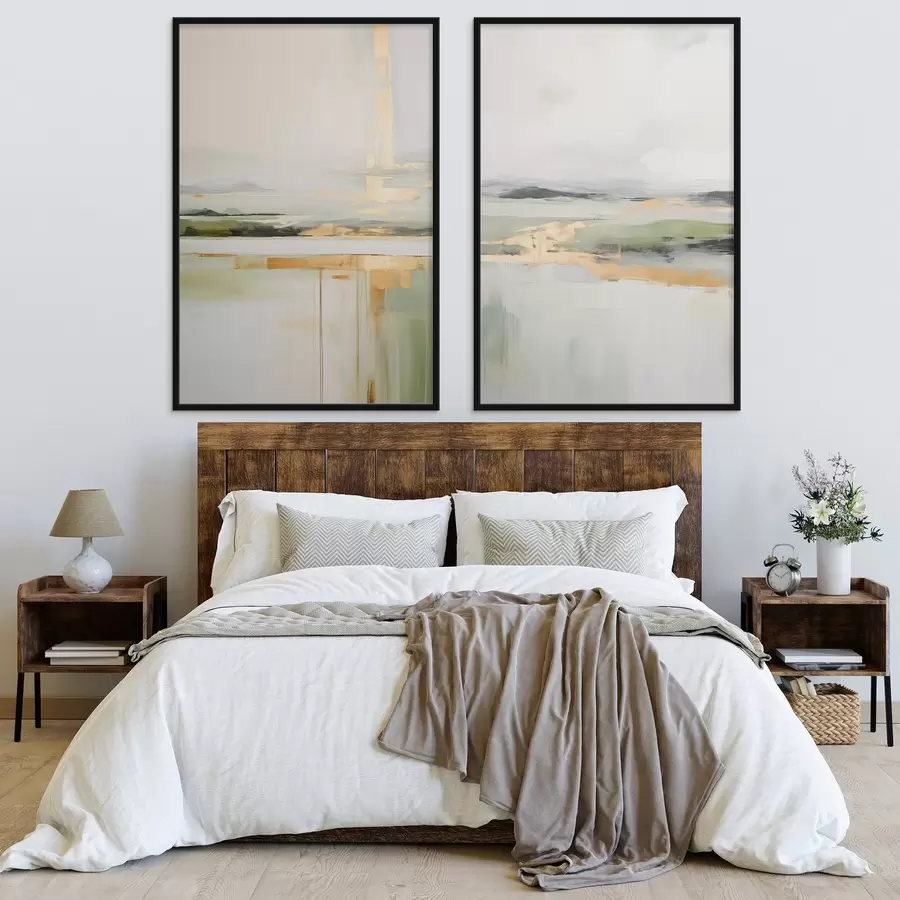 Fototapetai Abstraktus peizažas su geltonais akcentais, minimalistinė žemės, vandens ir dangaus kompozicija, su prislopintomis spalvomis. d00877