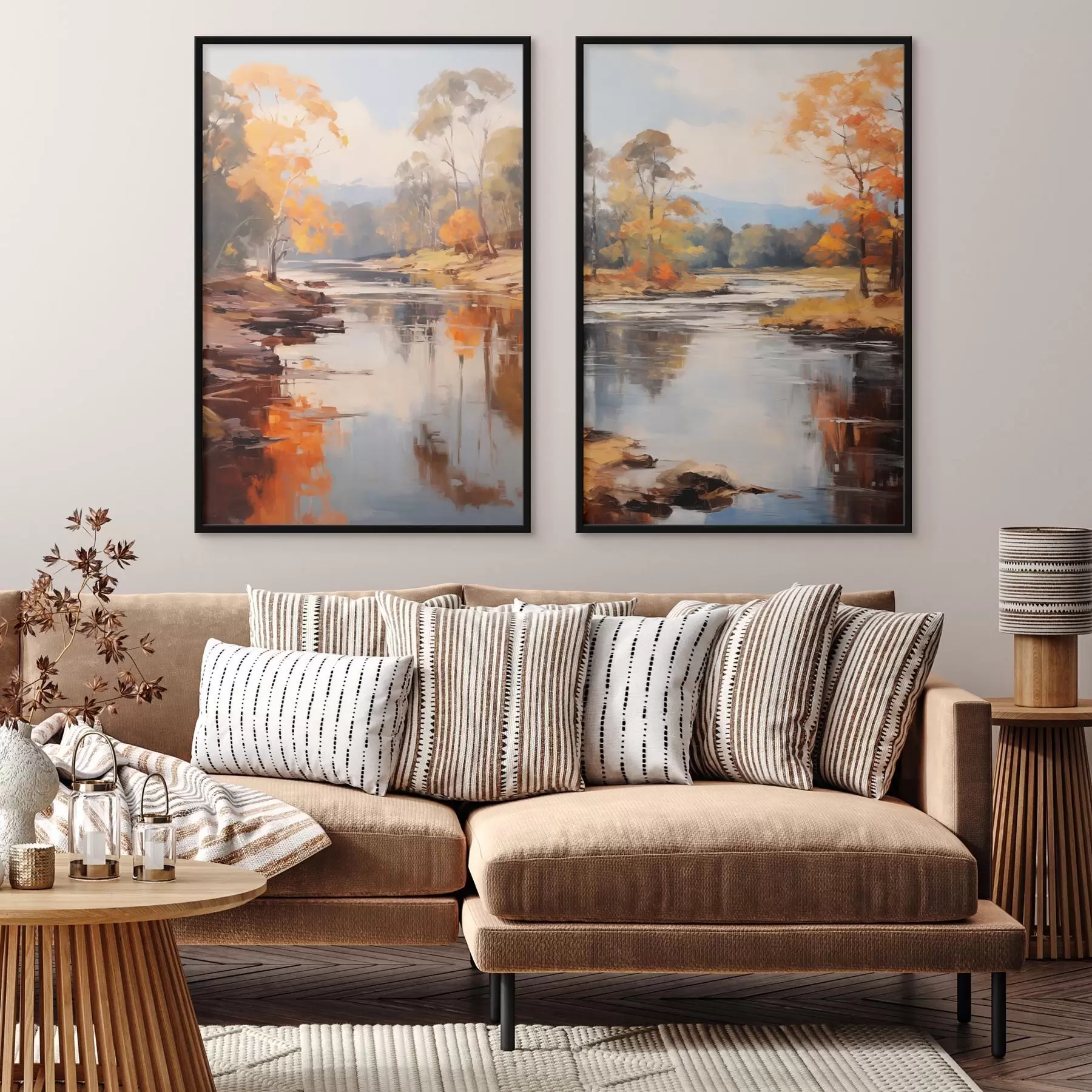 Fototapetai Rudens peizažas, upė su medžiais krante, miškas fone, atspindžiai vandenyje d00883