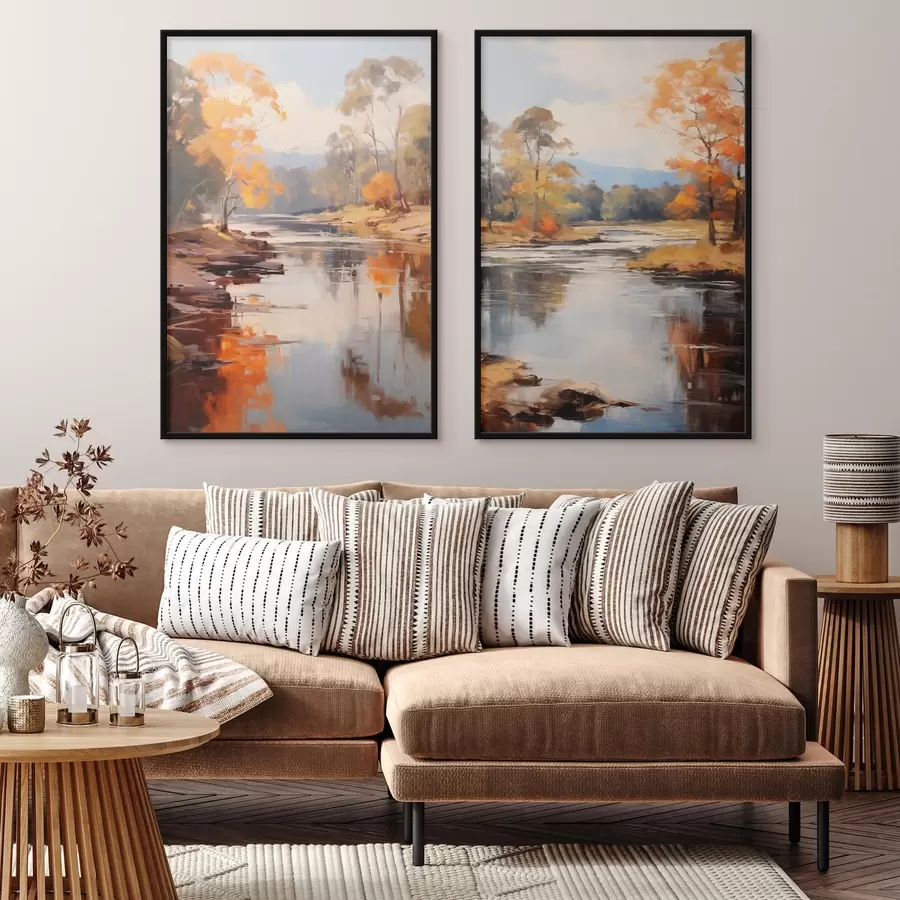 Fototapetai Rudens peizažas, upė su medžiais krante, miškas fone, atspindžiai vandenyje d00883