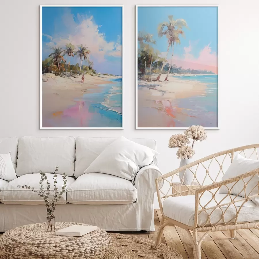 Fototapetai Abstraktus peizažas, paplūdimys su palmių medžiais, saulėta diena su mėlynu dangumi ir keliais debesimis d00885