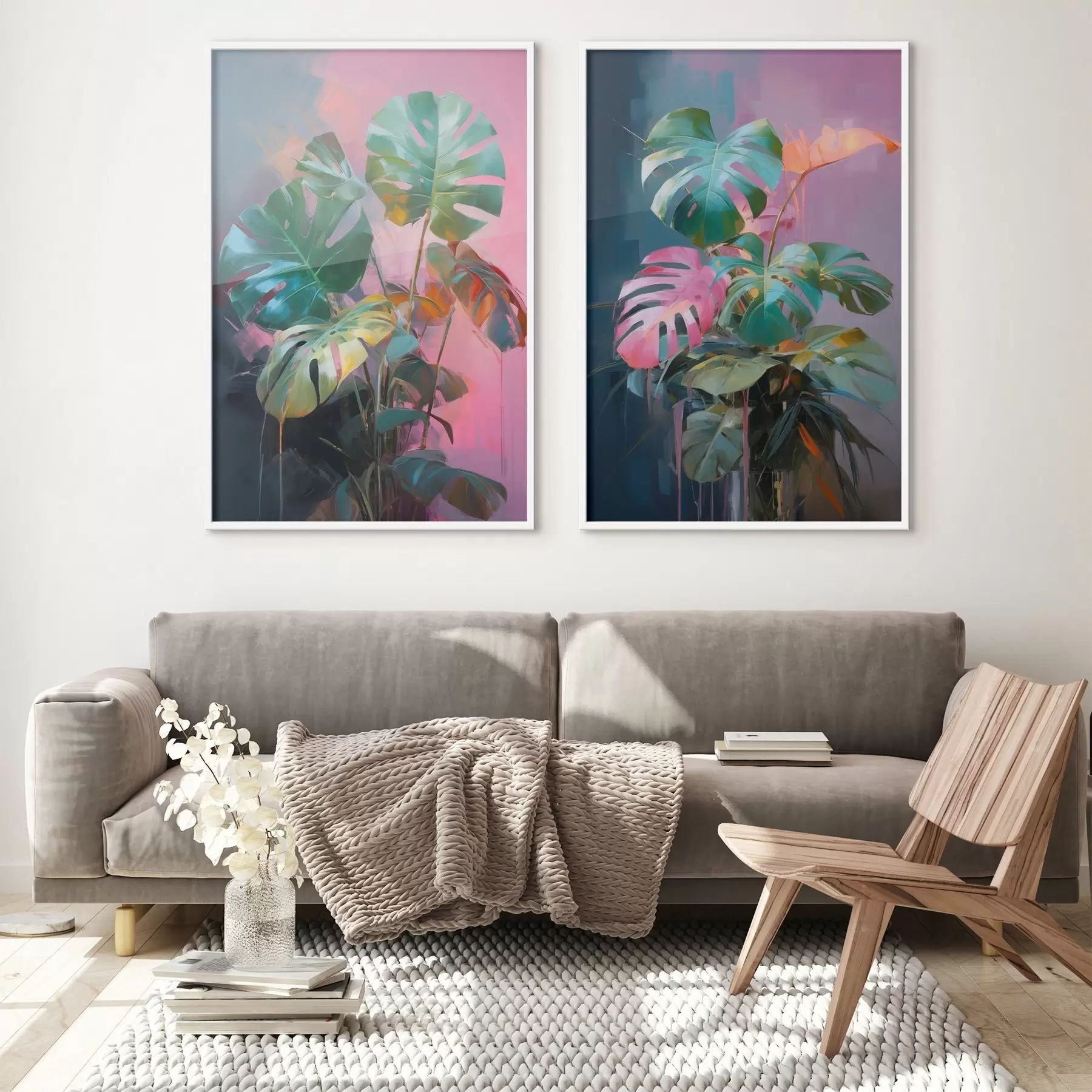 Fototapetai Abstraktaus monstera augalo su ryškiai žaliais lapais, švelnių rožinių ir violetinės spalvų atspalvių fone d00886