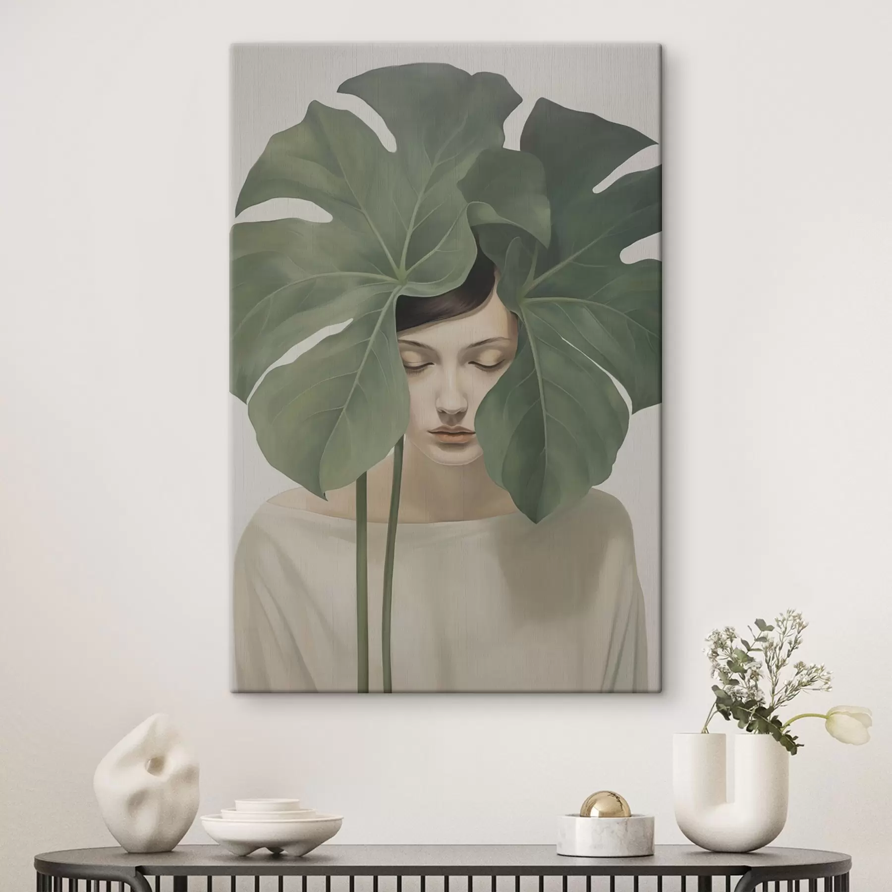 Paveikslėlis Mergina su tropiniais lapais s47335