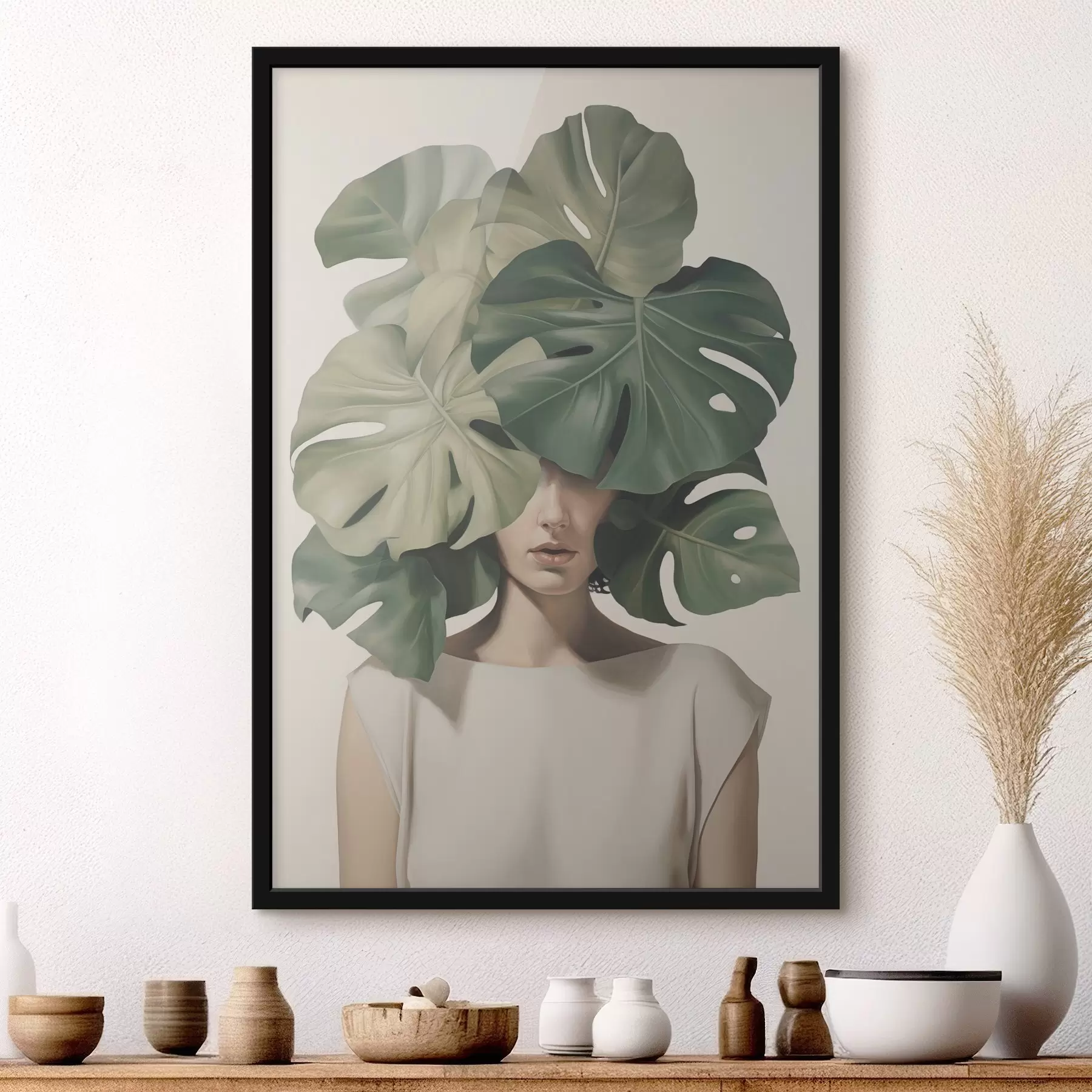 Fototapetai Abstraktus merginos portretas su monstera lapais f47336