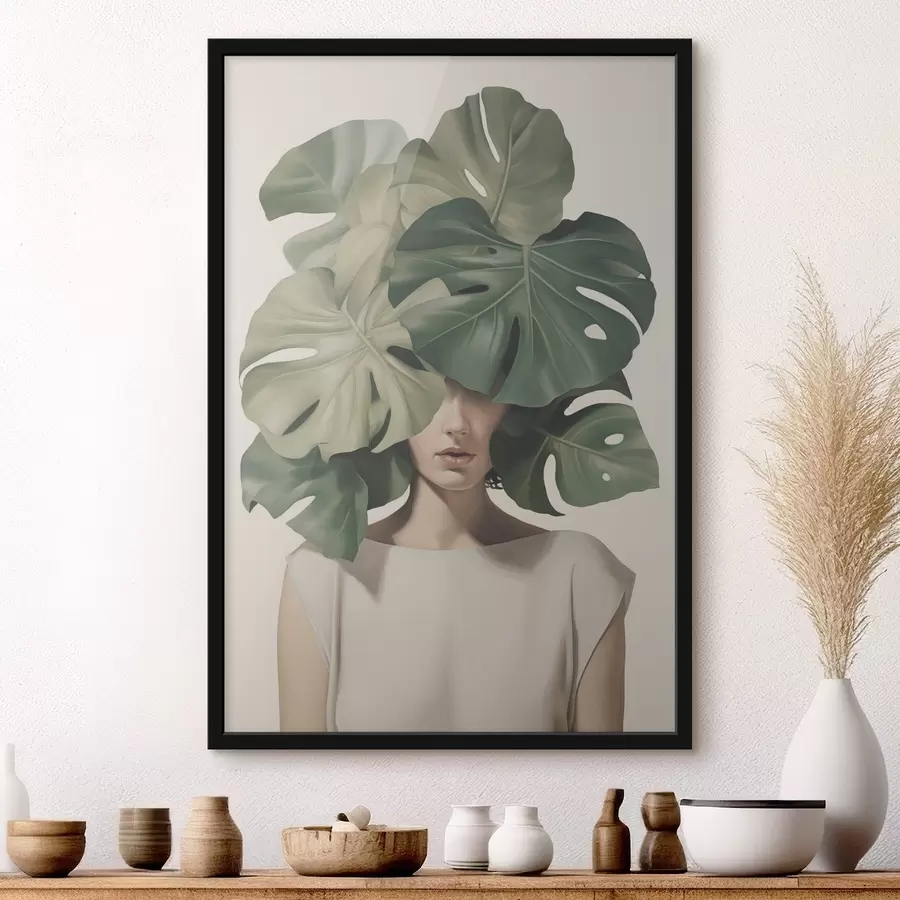 Fototapetai Abstraktus merginos portretas su monstera lapais f47336