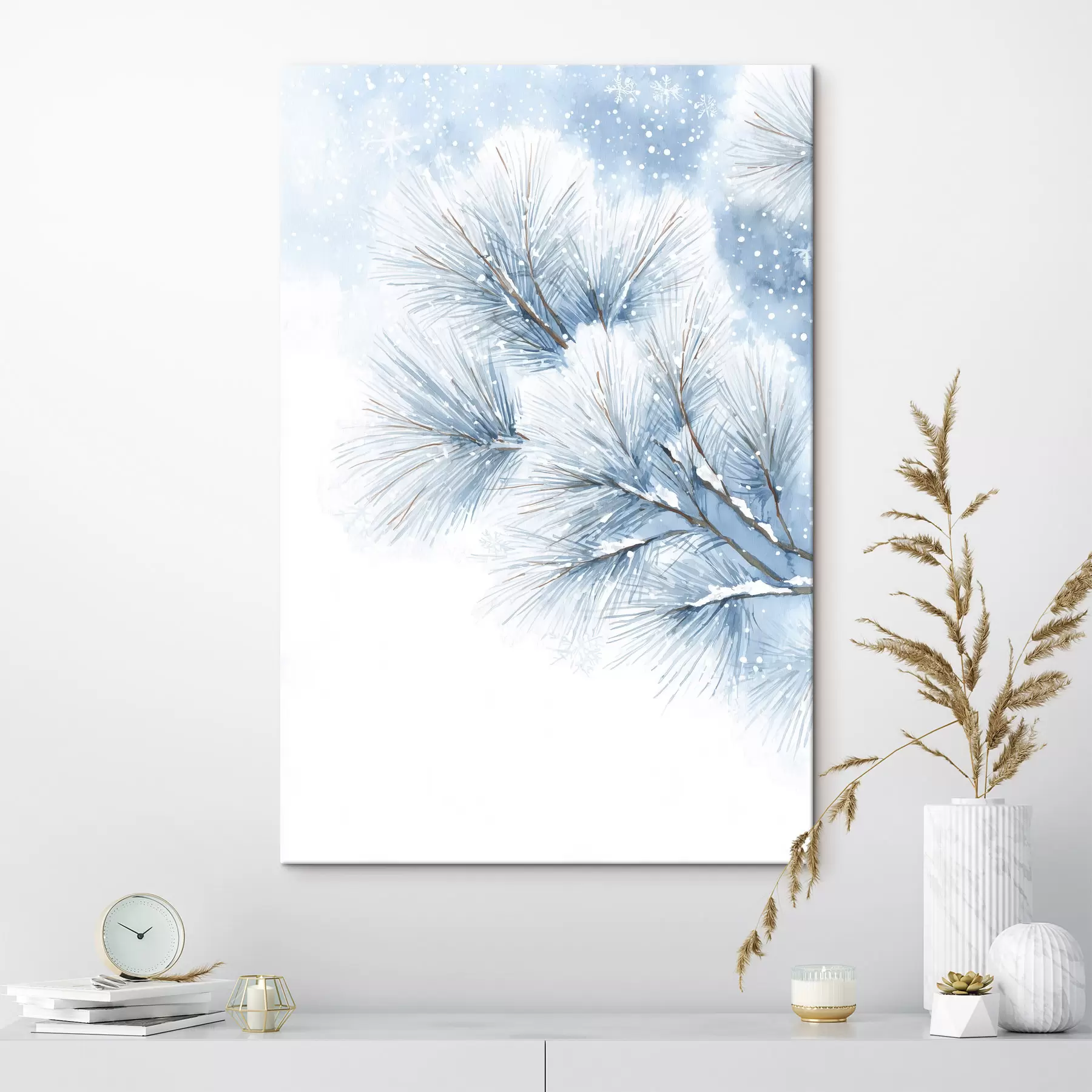 Paveikslėlis sniegu padengta pušies šaka akvarelės stiliumi s47114