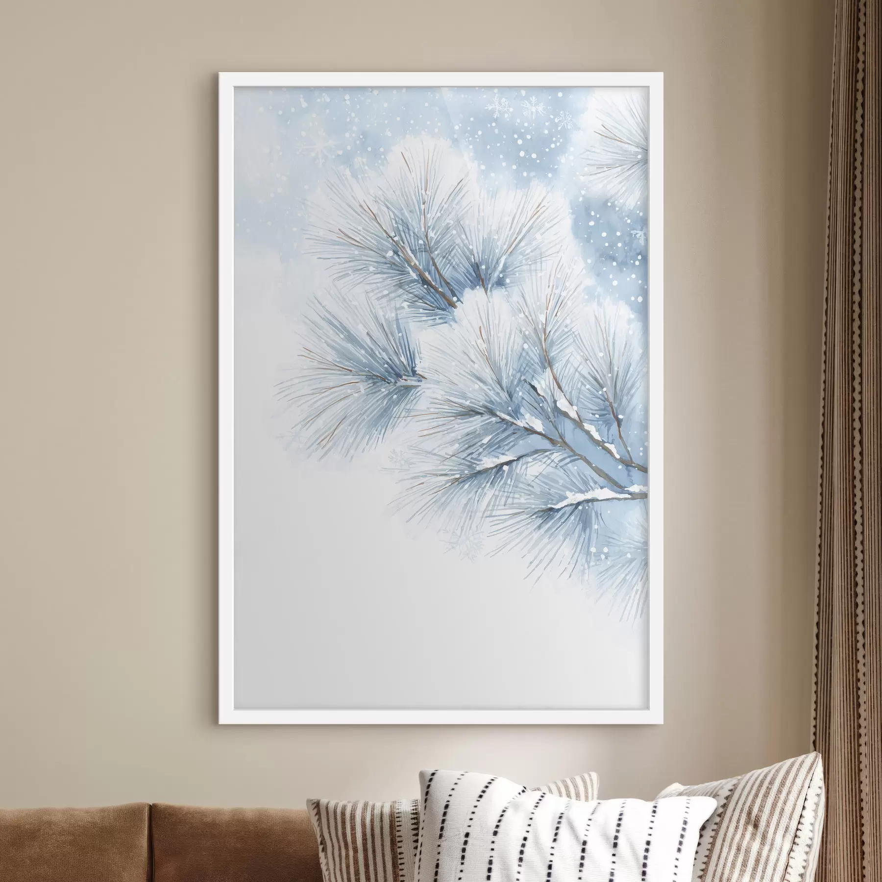 Fototapetai sniegu padengta pušies šaka akvarelės stiliumi f47114