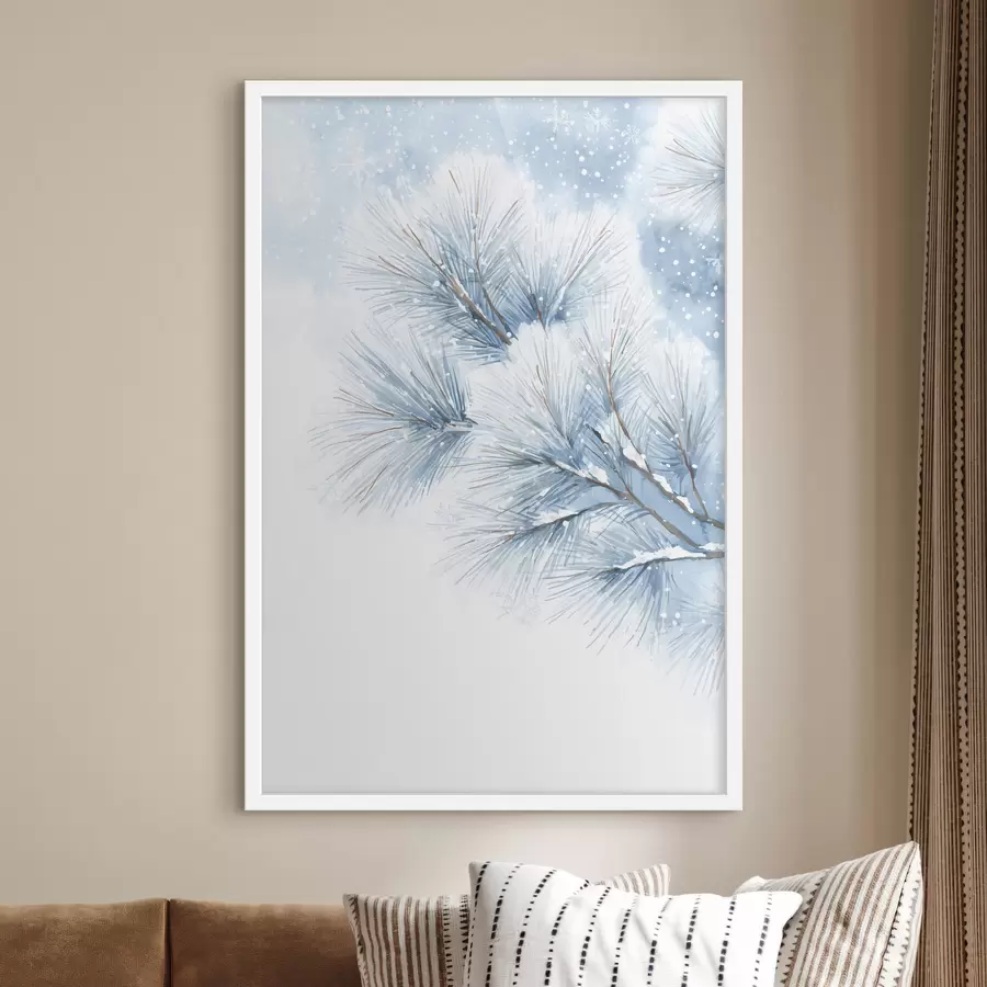 Fototapetai sniegu padengta pušies šaka akvarelės stiliumi f47114