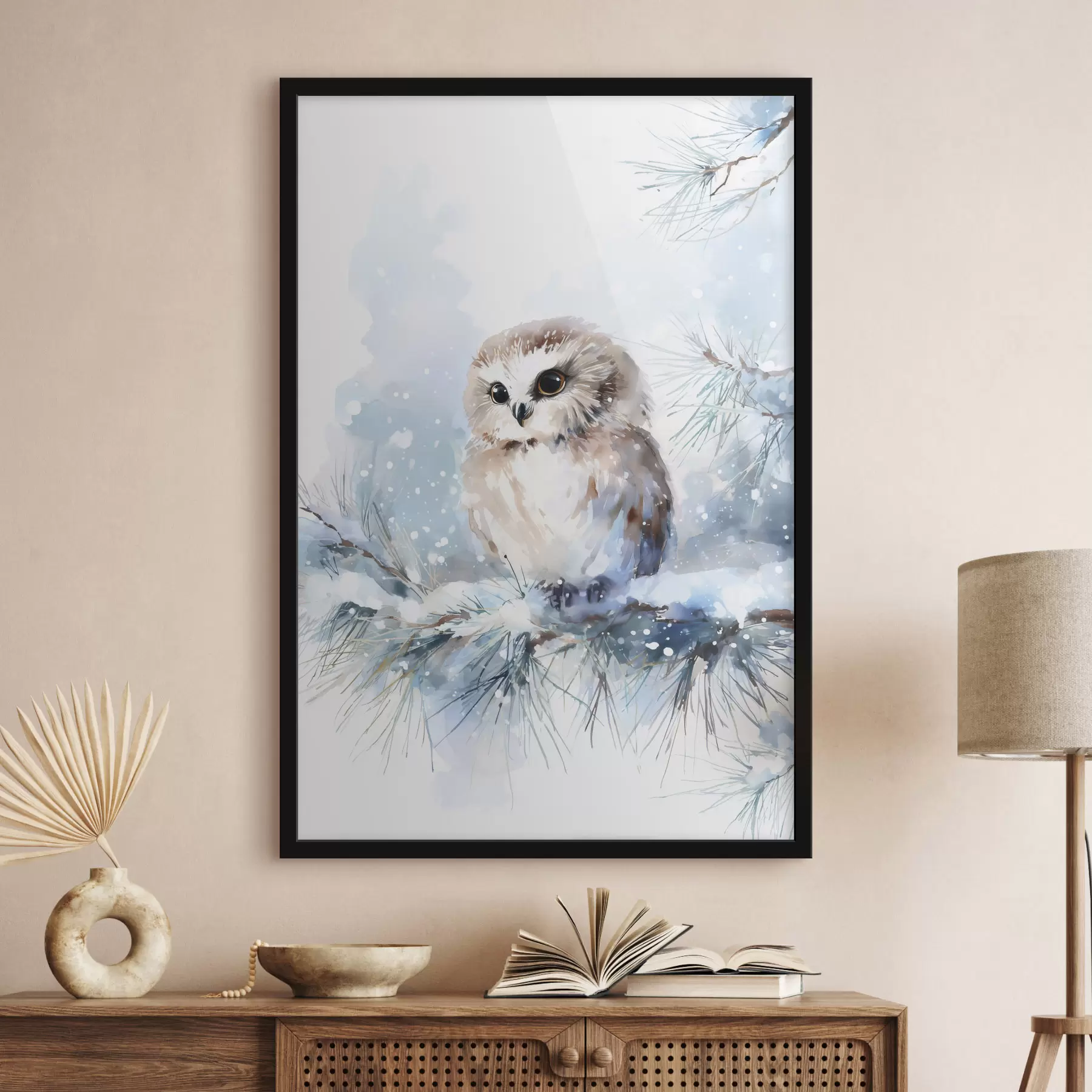 Fototapetai mielas pelėdas ant sniegu padengtos pušies šakos, tapytas akvarele f47115