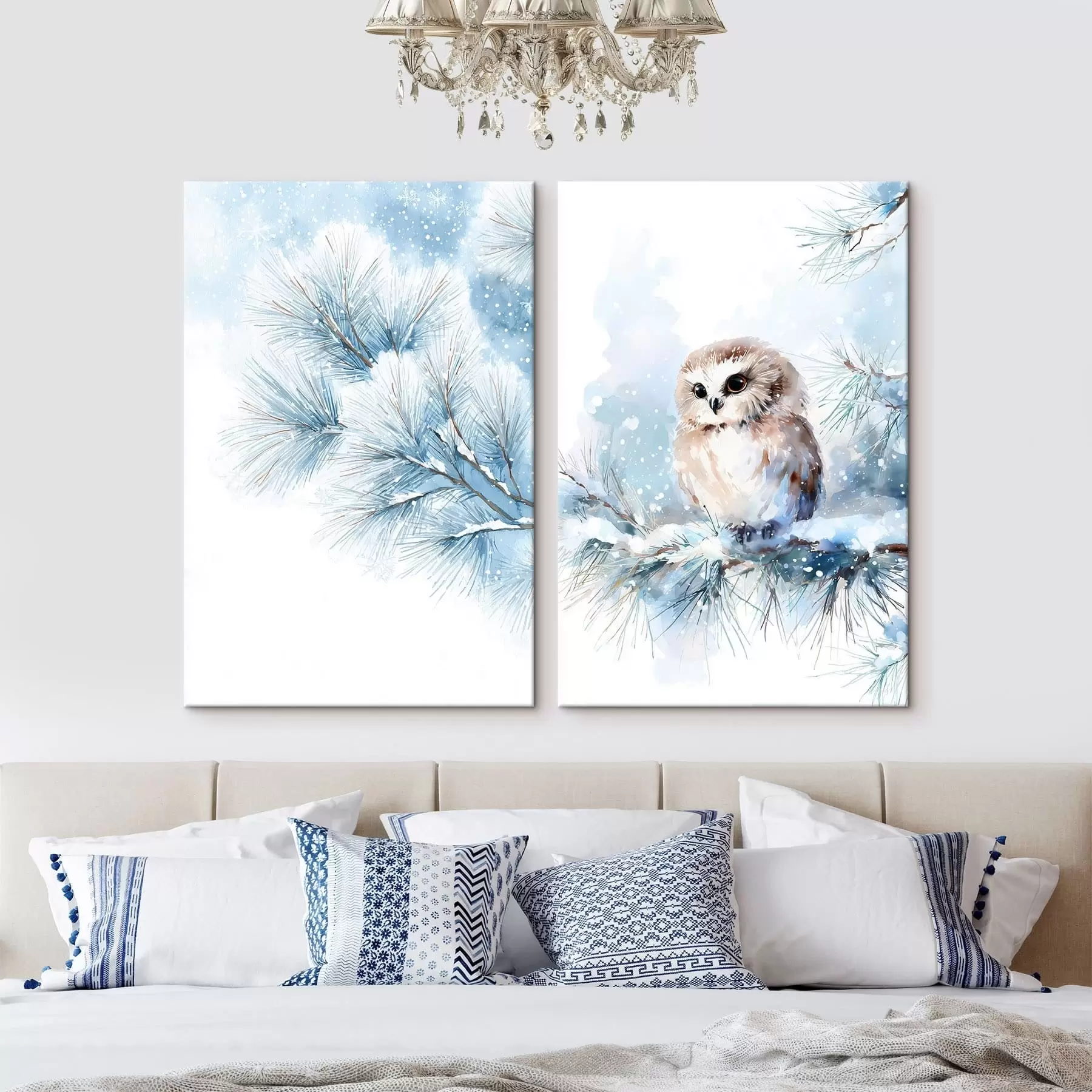 Paveikslėlis mielas pelėdas ant sniegu padengtos pušies šakos, tapytas akvarele m01168