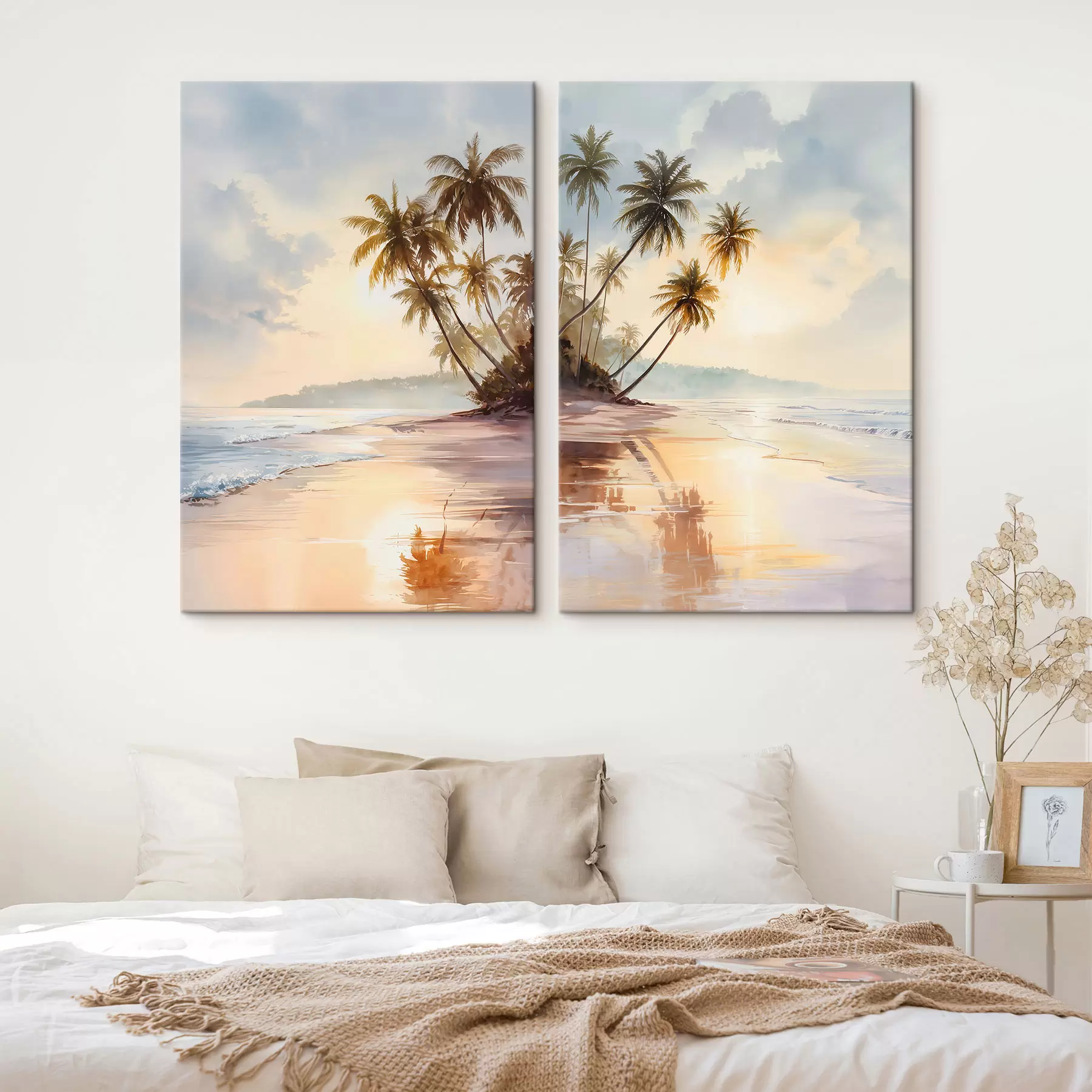 Paveikslėlis akvarelės stiliaus saulėlydžio paplūdimys saloje m01177