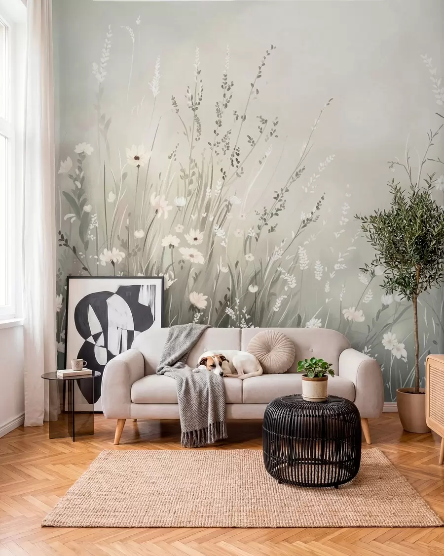 Fototapetai Švelni pieva su baltomis gėlėmis ir švelniais žolės stiebais w05015v1