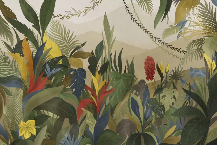 Fototapetai Tropiniai augalai su dideliais lapais ir žiedais w05019