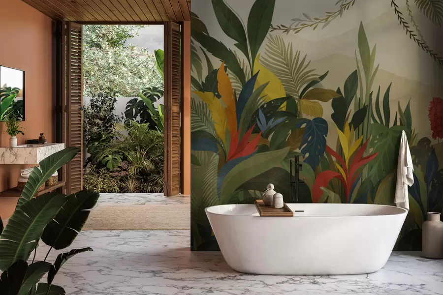 Fototapetai Tropiniai augalai su dideliais lapais ir žiedais w05019