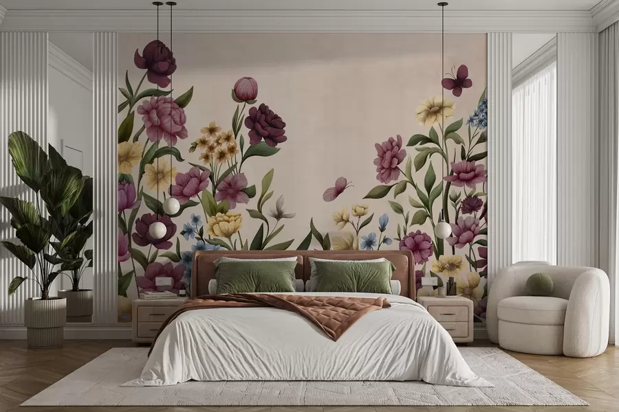 Fototapetai Gėlių kompozicija su augalais ir drugeliais šviesiu fonu w05072