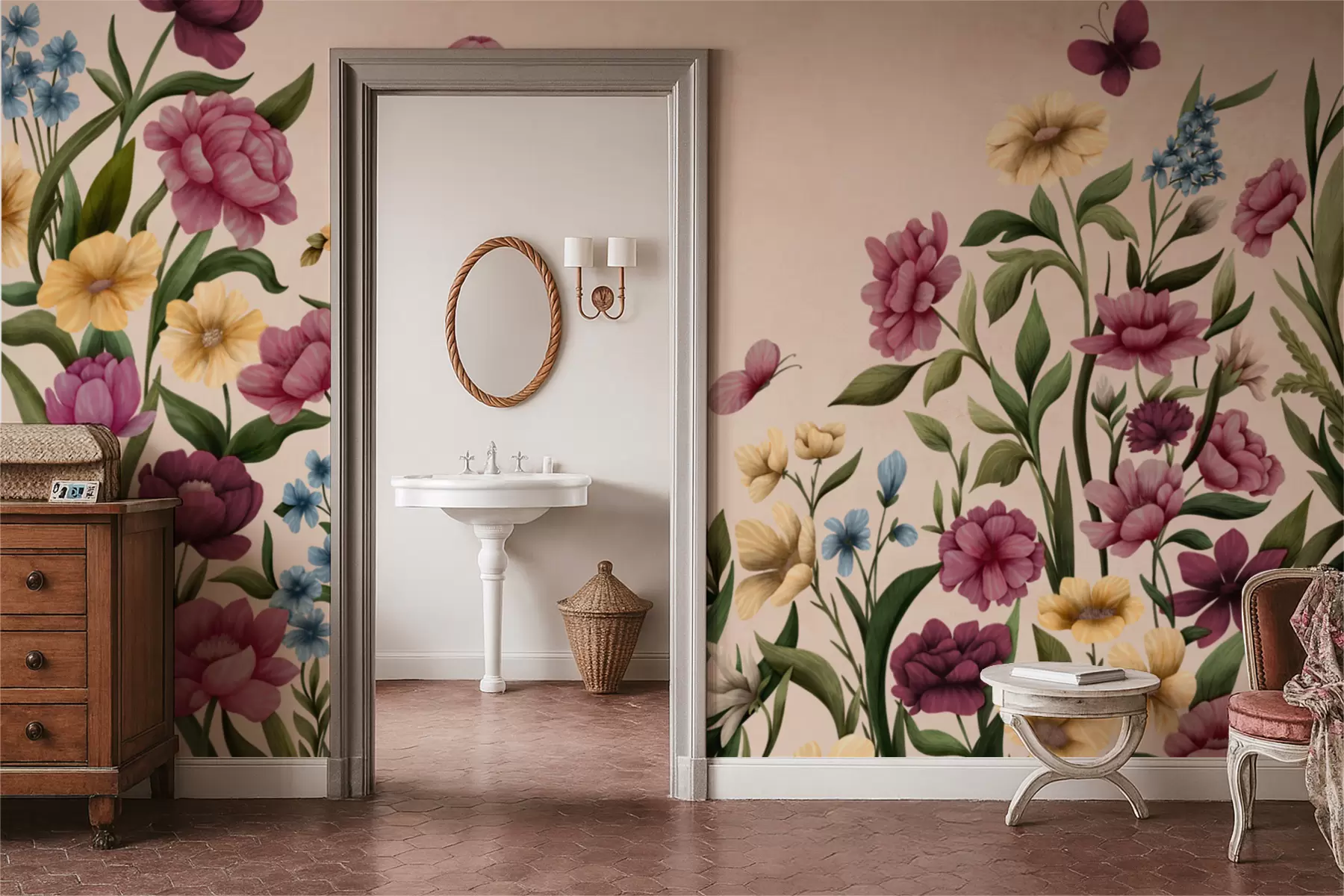 Fototapetai Gėlių kompozicija su augalais ir drugeliais šviesiu fonu w05072